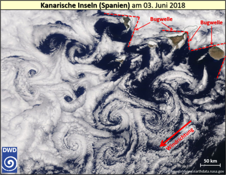 Satellitenaufnahme einer Karmanschen Wirbelstraße bei den Kanarischen Inseln am 03. Juni 2018