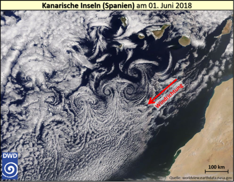 Satellitenaufnahme einer Karmanschen Wirbelstraße bei den Kanarischen Inseln am 01. Juni 2018