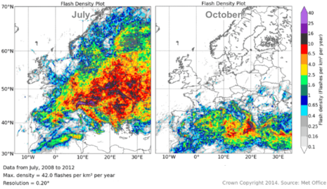 Blitzdichte von 2008 bis 2012 über Europa in den Monaten Juli (links) und Oktober (rechts) (Quelle Met Office)