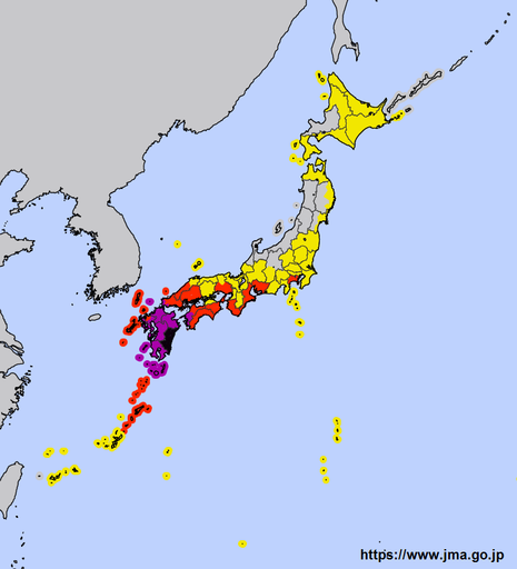 Warnkarte des japanischen Wetterdienstes. (Quelle Japan Meteorological Agency, https://www.jma.go.jp)