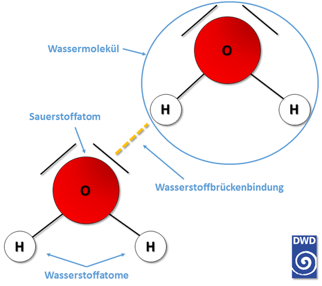 Skizze von zwei Wassermolekülen, die jeweils aus einem Sauerstoff- und zwei Wasserstoffatomen bestehen. Beide Wassermoleküle werden von einer Wasserstoffbrückenbindung zusammengehalten.