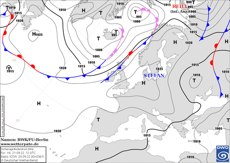 Vorhersage Bodendruck und Fronten für Mittwoch, 21.09.2022, 12 UTC