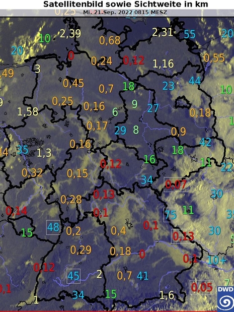 Satellitenbild für Deutschland sowie Sichtweite in km am Mittwochmorgen, den 21.09.2022