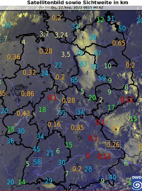Satellitenbild für Deutschland sowie Sichtweite in km am Mittwochmorgen, den 21.09.2022