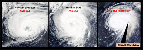 Die tropischen Wirbelstürme DANIELLE, EARL und FIONA (Quelle NASAworldview)