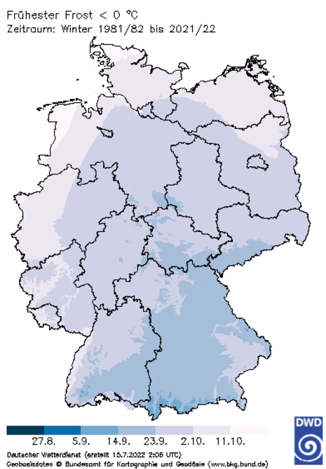 Frühester Frost in Deutschland im Zeitraum Winter 1981/1982 bis Winter 2021/2022