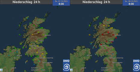 24-stündige Niederschlagsmengen vom vergangenen Freitag und Samstag in Schottland. (Quelle DWD - Deutscher Wetterdienst)