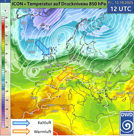 Prognose der Temperatur auf dem Druckniveau 850 hPa für Freitag, 13.10.2023, 12 UTC als Farbfläche. Dazu Luftdruck am Boden in hPa als weiße Linien und Andeutung von Kaltluft- und Warmluftzufuhr als Pfeile. (Quelle DWD - Deutscher Wetterdienst)