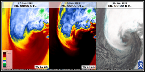 Übersicht der Satellitenbilder des Wasserdampfes (linkes und mittleres Bild) sowie das RGB Bild (rechts). (Quelle DWD)