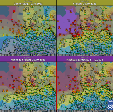 Modellprognose für Windspitzen am Donnerstag und Freitag