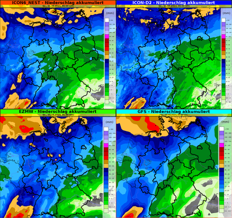 Akkumulierte Niederschlagsmengen für verschiedene Modelle von Donnerstagmorgen, den 19.10.2023 bis Samstagmorgen, den 21.10.2023 (Quelle Deutscher Wetterdienst)