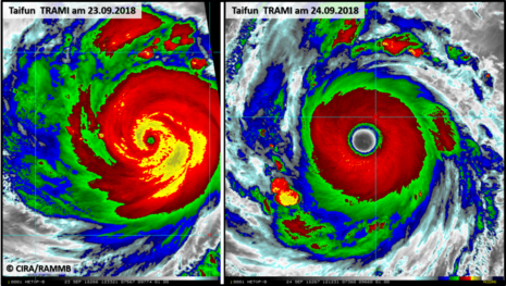 Taifun TRAMI vor (links) und nach (rechts) solch einem Zyklus, wobei das Auge größer wird. (Quelle CIRA/RAMMB)