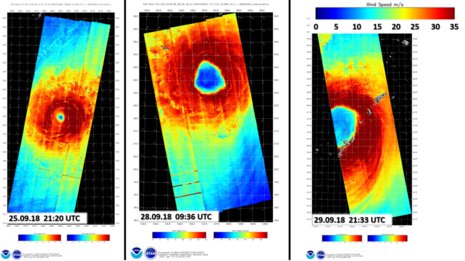 3 Bilder, wie sich das Windfeld von TRAMI verändert hat. (Quelle STAR SOCD Synthetic Aperture Radar (SAR) Produkt der NOAA)