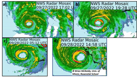 4 Radarbilder des Hurrikans IAN. (Quelle Brian McNoldy, NWS, NOAA)