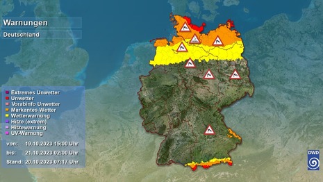 Beispiel einer Warnkarte mit Gemeinde-genauen Wetter und Unwetterwarnungen (Quelle DWD)