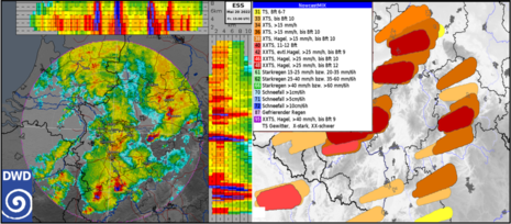 Nowcasting-Produkte für Gewitterwarnungen (Radarbilder, automatisierte Warnvorschläge) (Quelle DWD)