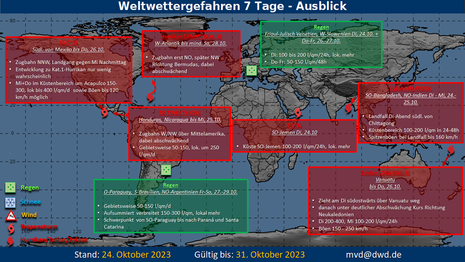 Weltwettergefahrenkarte, gültig vom 24.10.2023 bis 31.10.2023 (Quelle DWD)