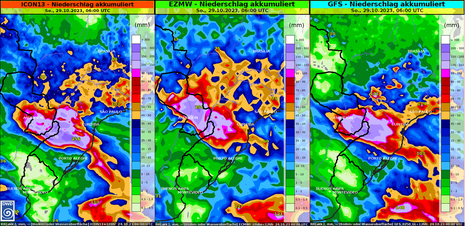 Akkumulierter Niederschlag in Südamerika bis Sonntagmorgen, den 29.10.2023 (Quelle DWD)