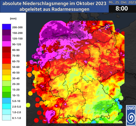 Aus Radardaten abgeleitete Niederschlagssummen in Liter pro Quadratmeter seit 01.10.2023 06 UTC bis 25.10.2023 06 UTC. (Quelle Deutscher Wetterdienst)