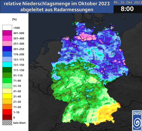 Aus Radardaten abgeleitete relative Niederschlagsmenge des bisherigen Oktobers in Prozent in Bezug auf das klimatologische Mittel. (Quelle Deutscher Wetterdienst)