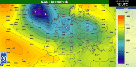 Animierte Entwicklung des Bodendrucks aus dem ICON-Modell von Mittwoch, den 25.10.2023 12 UTC, bis zum Montag, den 30.10.2023 0 UTC (Quelle Deutscher Wetterdienst)