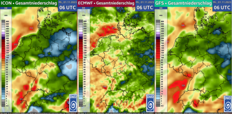 Akkumulierter Gesamtniederschlag der drei Globalmodelle ICON, ECMWF und GFS von Mittwoch, den 25.10.2023 0 UTC bis Mittwoch, den 01.11.2023 0 UTC (Quelle Deutscher Wetterdienst)