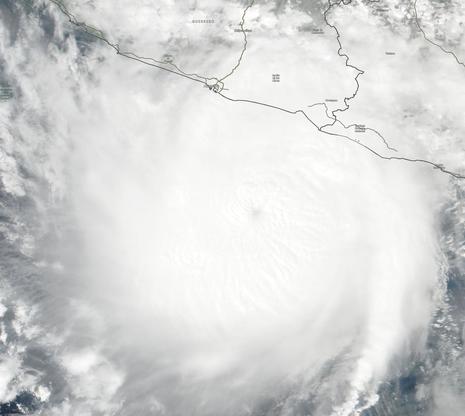 Diese Grafik zeigt das Satellitenbild von Hurrikan Otis kurz vor dem Landfall. (Quelle EOSDIS Worldview (nasa.gov))