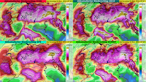 Modellvergleich aufsummierter Niederschlag in Millimeter über die nächsten 5 Tage (Quelle Deutscher Wetterdienst (DWD))