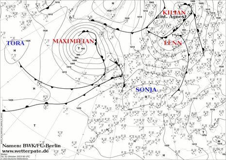 Analyse der Isobaren und Fronten in Europa vom Sonntag, 01.10.2023 00 UTC (Quelle DWD)
