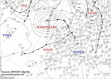 Analyse der Isobaren und Fronten in Europa vom Montag, 02.10.2023 0 UTC (Quelle DWD)