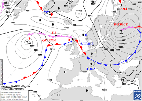 Kartenausschnitt zeigt den Nordostatlantik und Europa sowie die Bodendruckvorhersage und die Lage der Luftmassengrenzen am Sonntagmittag. (Quelle DWD)