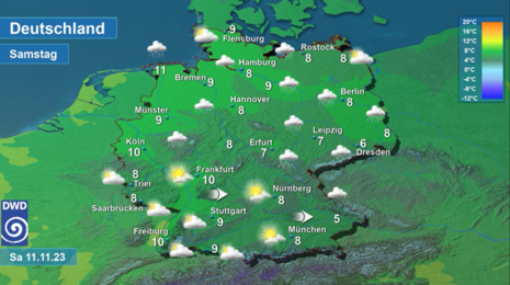 Vorhersage der Tageshöchsttemperaturen in Deutschland am Samstag, den 11.11.2023