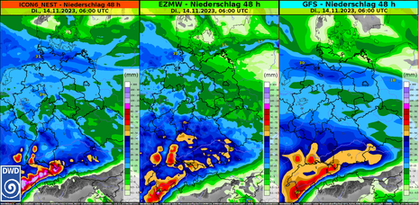 Von drei verschiedenen Modellen vorhergesagte 48-stündige Niederschlagsmengen von Sonntag- bis Dienstagfrüh