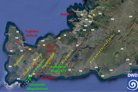 Karte von der Halbinsel Reykjanes mit Vulkansystemen und aktuellem Magmatunnel (Quelle Markus Übel (DWD), Kartengrundlage: www.google.de/maps)