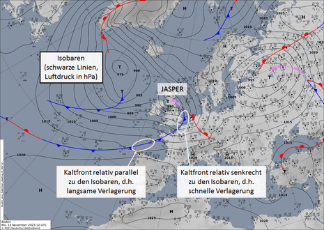 Luftdruck- und Frontenanalyse von heute Mittag, 13.11.2023, 12 UTC (13 Uhr MEZ) (Quelle DWD)