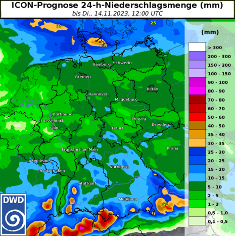 ICON-Prognose der 24-stündigen Niederschlagsmenge bis Dienstag, 14.11.2023, 12 UTC (13 MEZ). (Quelle DWD)