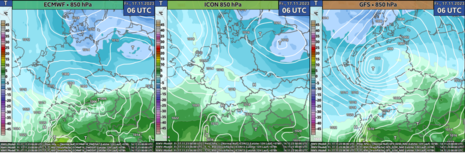 Abbildung 1: 78-stündige Vorhersage des Bodendrucks und der Temperatur auf 850 hPa