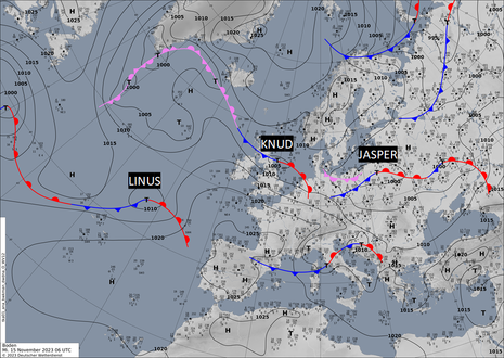 Druckverteilung und Frontenlage in Europa am Mittwoch, den 15.11.2023 um 7 Uhr MEZ (Quelle DWD)