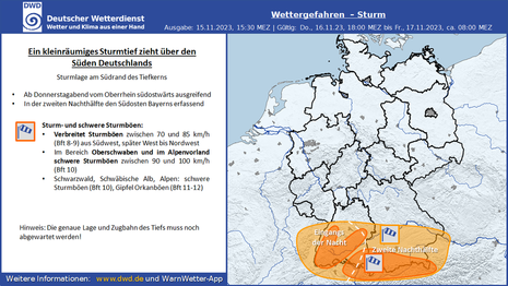 Übersichtsgrafik für das Windfeld in der Nacht zum Freitag, den 17.11.2023 (Quelle DWD)