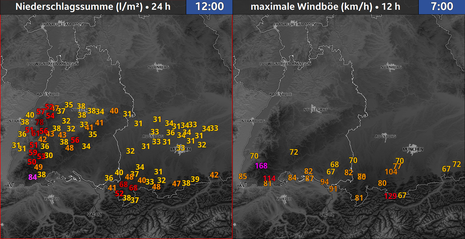 Niederschlagsmengen und Windböen (Quelle DWD - Deutsch Wetterdienst)