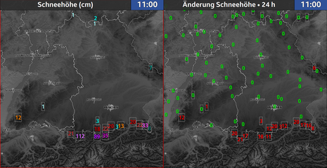 Schneehöhen und Änderungen der Schneehöhe (Quelle DWD - Deutscher Wetterdienst)