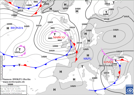 Wetterkarte vom Samstag 18.11.2023