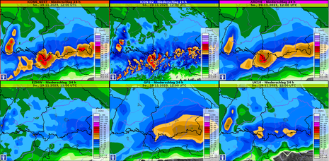 24-stündige Niederschlagsmengen von verschiedener Wettermodelle (18.11.2023 12 UTC bis 19.11.2023 12 UTC)