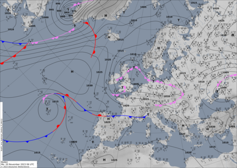Bodenanalysekarte mit der Wetterlage am Montag, den 20.11.2023, mit dem Tiefdruckgebiet MARCO über der Nordsee und Norddeutschland