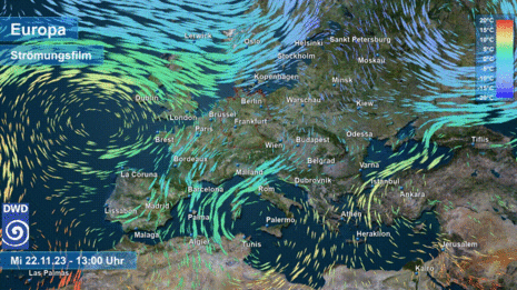 Animation zeigt Strömung und Temperatur in 1500 Metern Höhe über Europa.