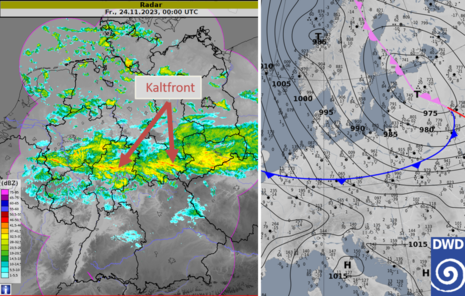 Abbildung 1: Sehr schön ersichtliche Kaltfront zum Termin 01:00 Uhr MEZ am 24.11.2023. links: Radarbild, rechts: Bodenanalyse (Quelle DWD - Deutscher Wetterdienst)