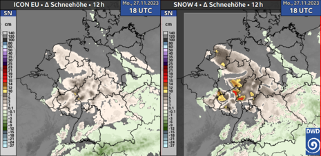 Schneehöhenprognose für Montag, 27.11.2023