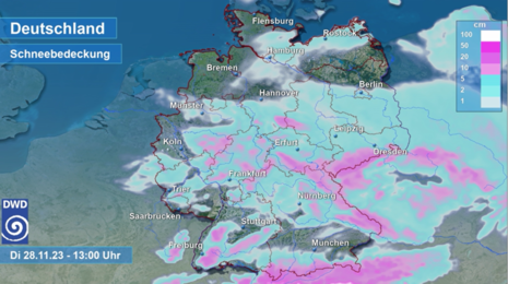Für den morgigen Dienstag, den 28.11.2023 13 Uhr, prognostizierte Schneebedeckung