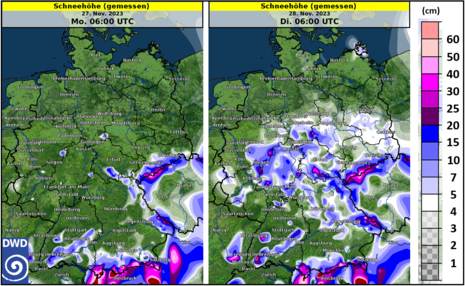 Gemessene Schneehöhen am Montag und Dienstag (jeweils 7 Uhr MEZ). (Quelle DWD)