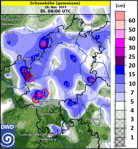 Gemessene Schneehöhen am Dienstag, 28.11.2023 (7 Uhr MEZ) im Bereich Hessen. (Quelle DWD)